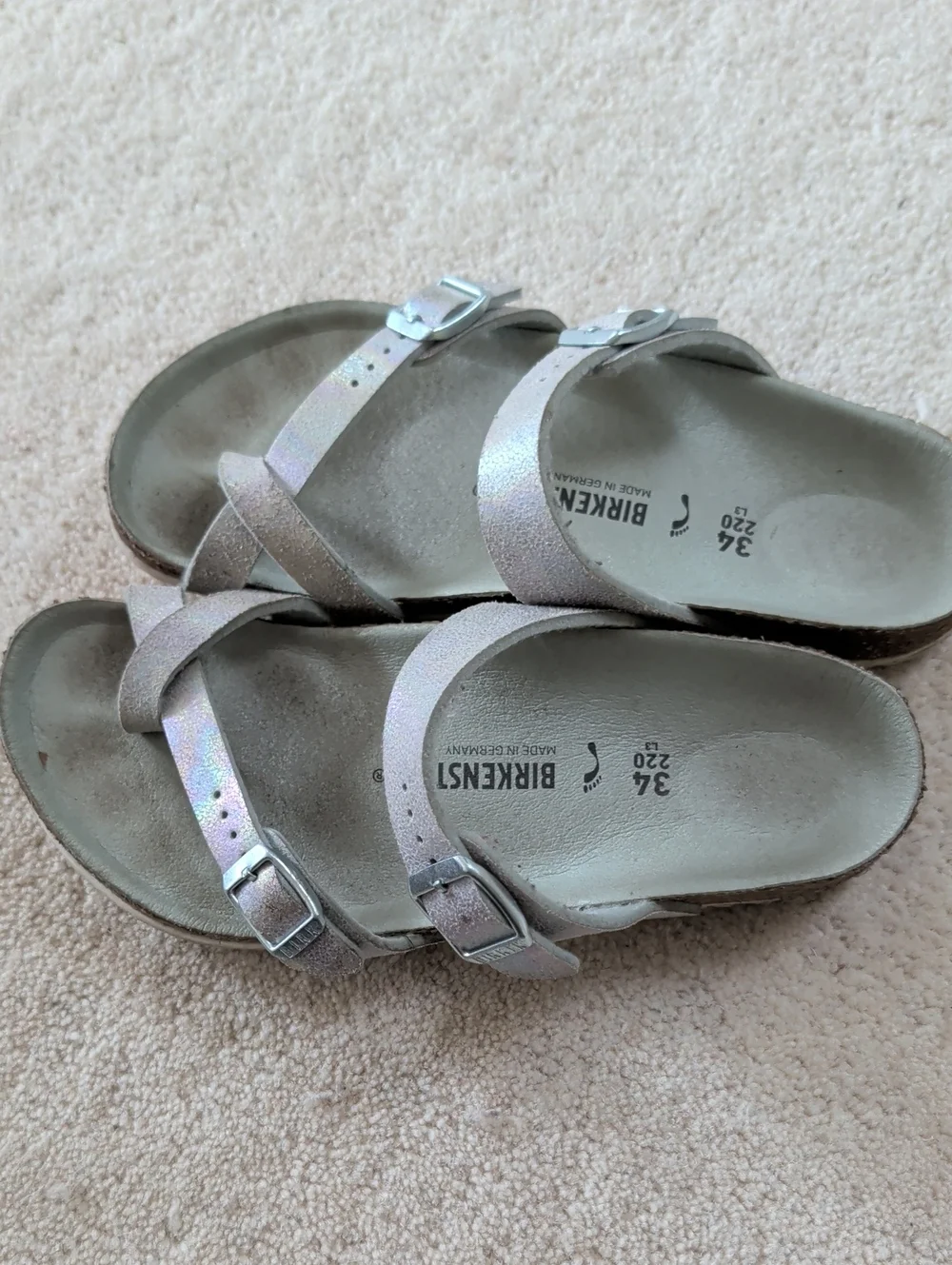 Birkenstock Iridescent Silver Two-Strap Sandals, Size 34, Girls Size 3-3.5